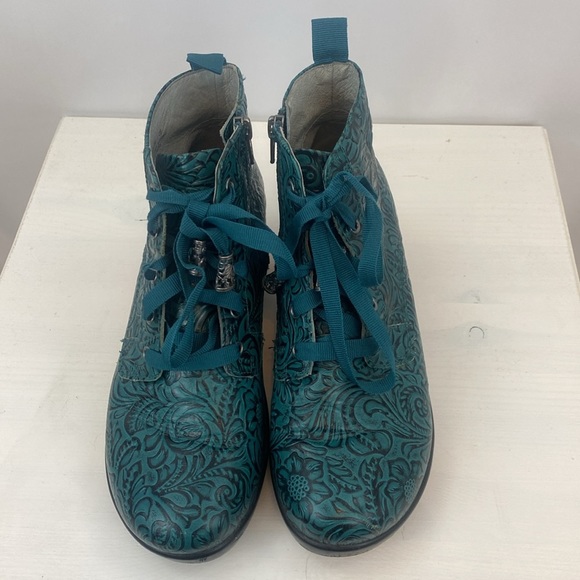 Alegria Wedge Boots Eliza Teal Tooled Ankle Leather Boots - Picture 8 of 11